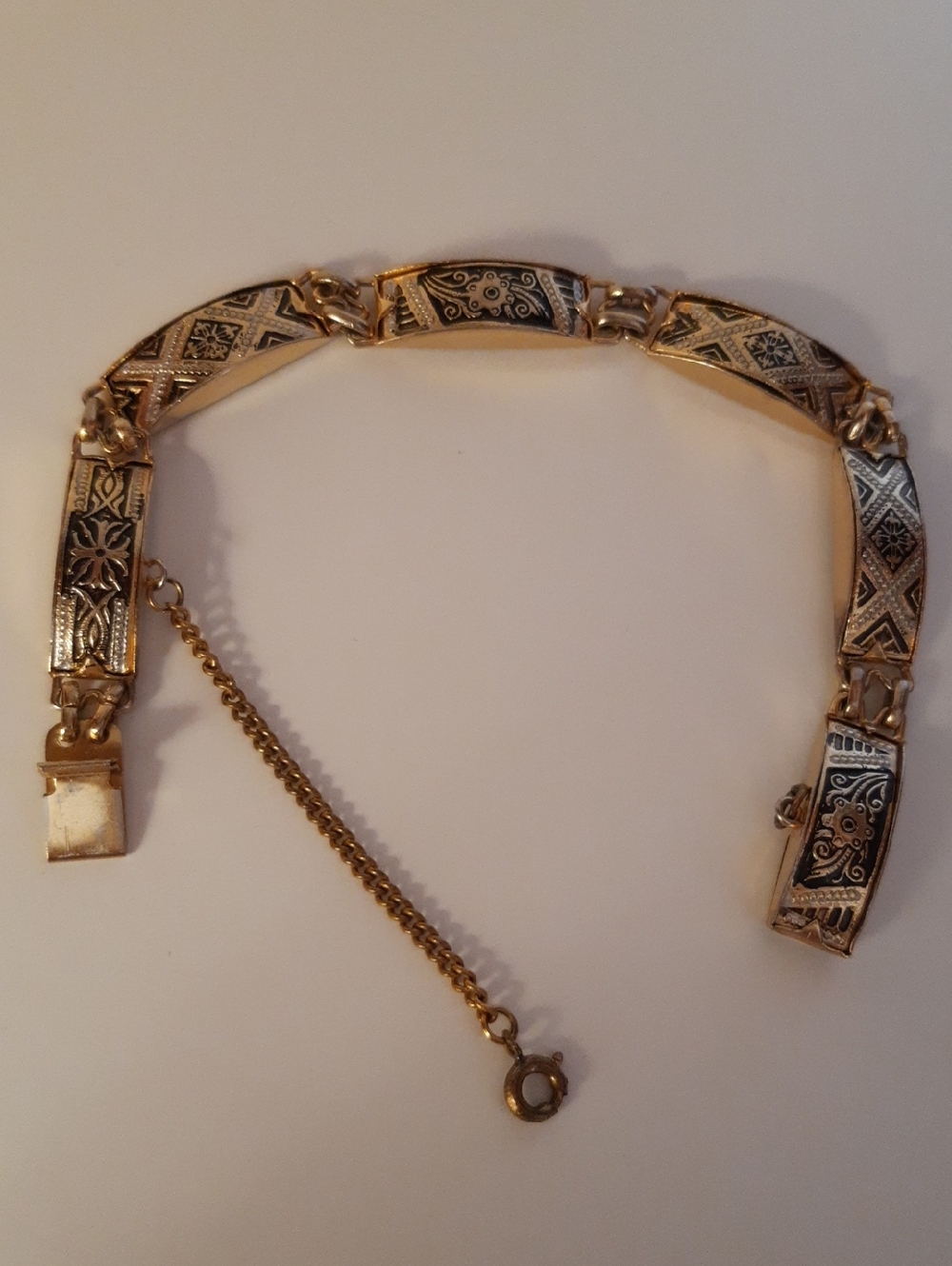 Damascene Etched Panel Link Bracelet with Safety Chain - Women's Bracelet